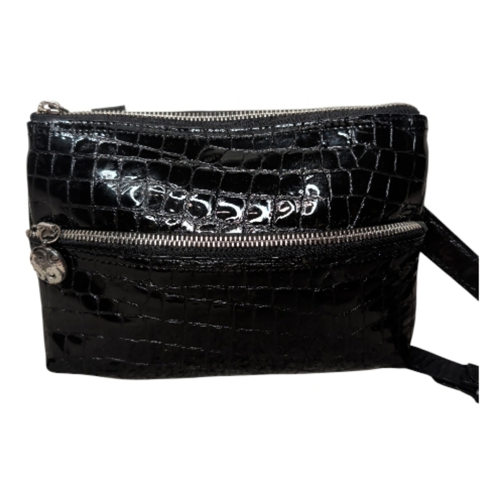 Brighton Black Croc-Embossed Double Zip Women's Crossbody Bag